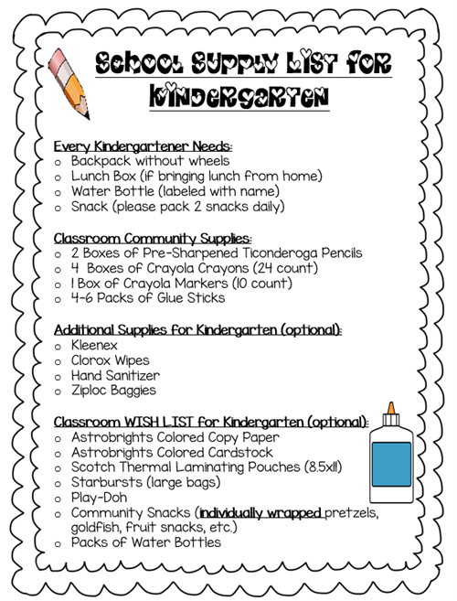 Kinder Supply List 